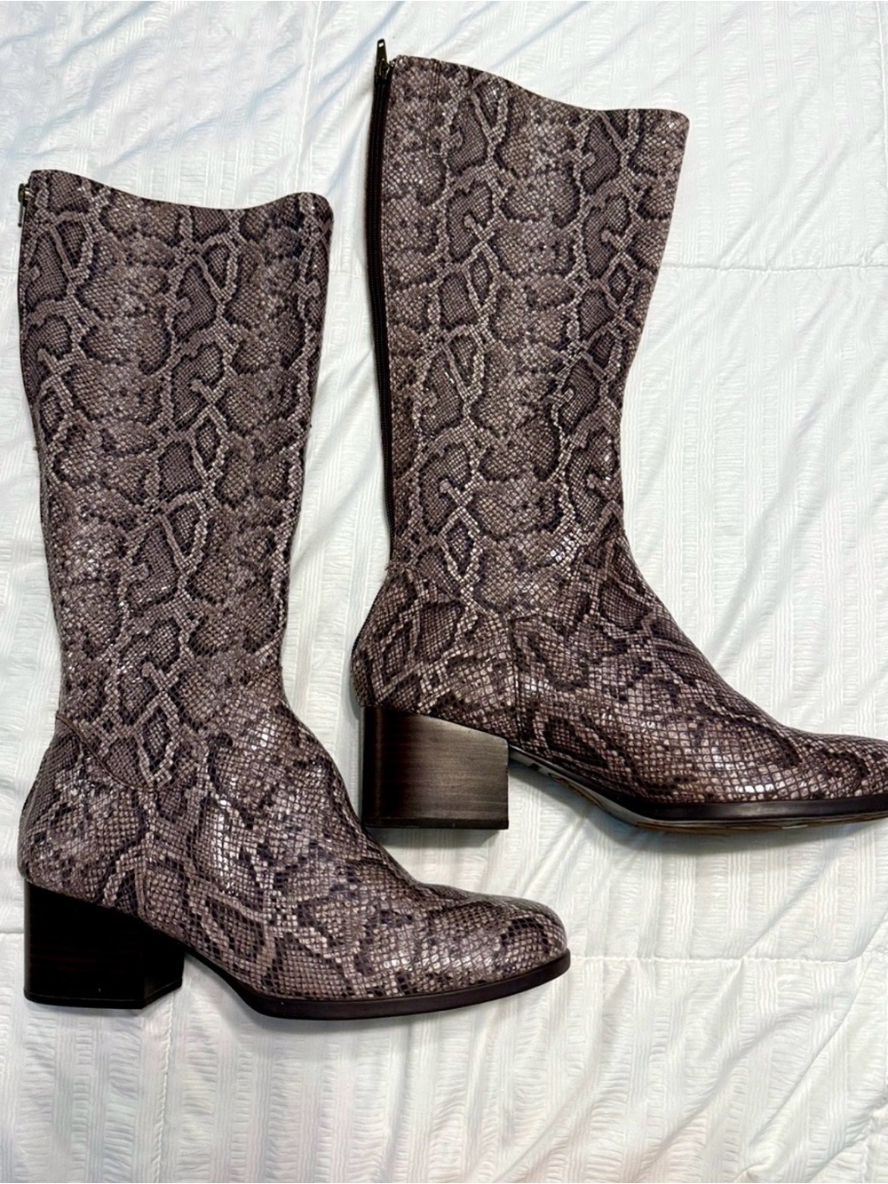 BORN  Adreanna Snake-Print Leather Knee High Block Heel Boots - Gray size 9